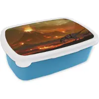MuchoWow Broodtrommel Blauw - Lunchbox - Brooddoos - Dino - Vulkaan - Lava - Illustratie - Kinderen - Jongens - Kids - 18x12x6 cm - Kinderen - Jongen