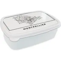 MuchoWow Broodtrommel Wit - Lunchbox - Brooddoos - Montpellier – Plattegrond - Zwart Wit – Stadskaart – Kaart - 18x12x6 cm - Volwassenen
