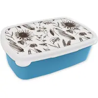 MuchoWow Broodtrommel Blauw - Lunchbox - Brooddoos - Patroon - Planten - Zwart - Wit - 18x12x6 cm - Kinderen - Jongen