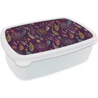 MuchoWow Broodtrommel Wit - Lunchbox - Brooddoos - Dromenvanger - Veren - Patronen - Regenboog - Boho - 18x12x6 cm - Volwassenen