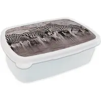 MuchoWow Broodtrommel Wit - Lunchbox - Brooddoos - Zebra's in het water - 18x12x6 cm - Volwassenen