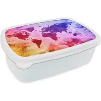 MuchoWow Broodtrommel Wit - Lunchbox - Brooddoos - Wereldkaart - Waterverf - Regenboog - 18x12x6 cm - Volwassenen