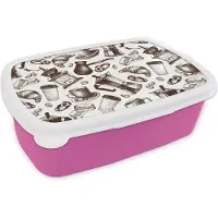 MuchoWow Broodtrommel Roze - Lunchbox - Brooddoos - Koffie - Croissant - Patroon - 18x12x6 cm - Kinderen - Meisje
