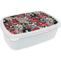 MuchoWow Broodtrommel Wit - Lunchbox - Brooddoos - Rock - Rock 'n roll - Patroon - Doodshoofd - 18x12x6 cm - Volwassenen
