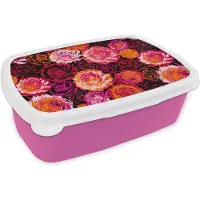 MuchoWow Broodtrommel Roze - Lunchbox - Brooddoos - Rozen - Patronen - Bloemen - 18x12x6 cm - Kinderen - Meisje