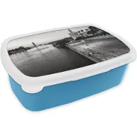 MuchoWow Broodtrommel Blauw - Lunchbox - Brooddoos - De rivier de Guadalquivir in Sevilla en de Torre del Oro in de schemering - zwart wit - 18x12x6 cm - Kinderen - Jongen