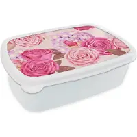 MuchoWow Broodtrommel Wit - Lunchbox - Brooddoos - Rozen - Hortensia's - Bloemen - Roze - 18x12x6 cm - Volwassenen