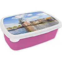MuchoWow Broodtrommel Roze - Lunchbox - Brooddoos - Haarlem - Molen - Wolken - 18x12x6 cm - Kinderen - Meisje