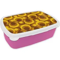 MuchoWow Broodtrommel Roze - Lunchbox Patronen - Retro - Bruin - Geel - Brooddoos 18x12x6 cm - Brood lunch box - Broodtrommels voor kinderen en volwassenen