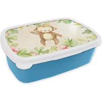 MuchoWow Broodtrommel Blauw - Lunchbox - Brooddoos - Aap - Bloemen - Aquarelverf - 18x12x6 cm - Kinderen - Jongen