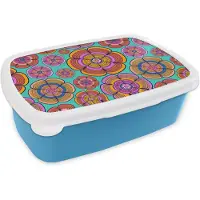MuchoWow Broodtrommel Blauw - Lunchbox Design - Flower Power - Kleuren - Brooddoos 18x12x6 cm - Brood lunch box - Broodtrommels voor kinderen en volwassenen