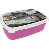 MuchoWow Broodtrommel Roze - Lunchbox - Brooddoos - Schotse Hooglander - Collage - Stenen - Zee - 18x12x6 cm - Kinderen - Meisje