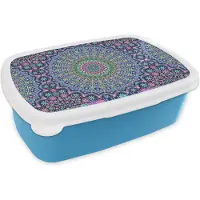 MuchoWow Broodtrommel Blauw - Lunchbox - Brooddoos - Mandala - Hippie - Regenboog - Neon - Patronen - 18x12x6 cm - Kinderen - Jongen