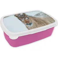 MuchoWow Broodtrommel Roze - Lunchbox - Brooddoos - Jong fjord paard bedekt met sneeuw - 18x12x6 cm - Kinderen - Meisje