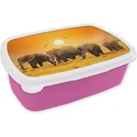 MuchoWow Broodtrommel Roze - Lunchbox - Brooddoos - Olifant - Vogel - Oranje - 18x12x6 cm - Kinderen - Meisje