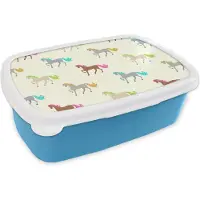 MuchoWow Broodtrommel Blauw - Lunchbox - Brooddoos - Meiden - Paarden - Patronen - Girl - Kids - Kinderen - 18x12x6 cm - Kinderen - Jongen