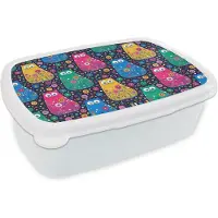 MuchoWow Broodtrommel Wit - Lunchbox - Brooddoos - Kat - Regenboog - Bloemen - 18x12x6 cm - Volwassenen