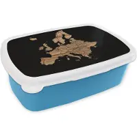 MuchoWow Broodtrommel Blauw - Lunchbox - Brooddoos - Kaart Europa - Hout - Zwart - 18x12x6 cm - Kinderen - Jongen