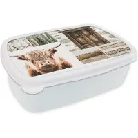MuchoWow Broodtrommel Wit - Lunchbox - Brooddoos - Schotse hooglander - Collage - Wit - Beige - 18x12x6 cm - Volwassenen