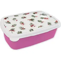 MuchoWow Broodtrommel Roze - Lunchbox - Brooddoos - Winter - Mistletoe - Rood - 18x12x6 cm - Kinderen - Meisje
