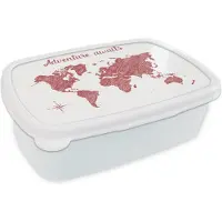 MuchoWow Broodtrommel Wit - Lunchbox - Brooddoos - Wereldkaart - Rood - Quote - 18x12x6 cm - Volwassenen