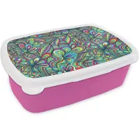 MuchoWow Broodtrommel Roze - Lunchbox Fantasy - Design - Kleuren - Retro - Brooddoos 18x12x6 cm - Brood lunch box - Broodtrommels voor kinderen en volwassenen