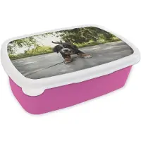 MuchoWow Broodtrommel Roze - Lunchbox - Brooddoos - Puppy spelend in de tuin - 18x12x6 cm - Kinderen - Meisje