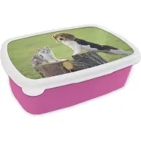 MuchoWow Broodtrommel Roze - Lunchbox Kat - Hond - Boom - Brooddoos 18x12x6 cm - Brood lunch box - Broodtrommels voor kinderen en volwassenen
