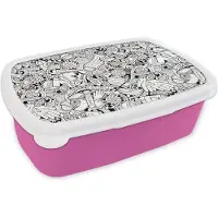 MuchoWow Broodtrommel Roze - Lunchbox - Brooddoos - Patroon - Corona - Zwart Wit - 18x12x6 cm - Kinderen - Meisje