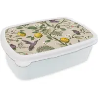 MuchoWow Broodtrommel Wit - Lunchbox - Brooddoos - Patroon - Vogel - Planten - Fruit - 18x12x6 cm - Volwassenen