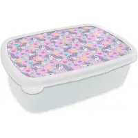 MuchoWow Broodtrommel Wit - Lunchbox - Brooddoos - Eenhoorn - Regenboog - Patronen - 18x12x6 cm - Volwassenen