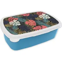 MuchoWow Broodtrommel Blauw - Lunchbox - Brooddoos - Flora - Goud - Patronen - Hawaii - Tropisch - 18x12x6 cm - Kinderen - Jongen