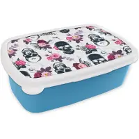 MuchoWow Broodtrommel Blauw - Lunchbox - Brooddoos - Tieners - Skull - Roos - Patronen - 18x12x6 cm - Kinderen - Jongen
