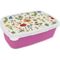 MuchoWow Broodtrommel Roze - Lunchbox - Brooddoos - Insecten - Bloemen - Zomer - Regenboog - Patroon - 18x12x6 cm - Kinderen - Meisje