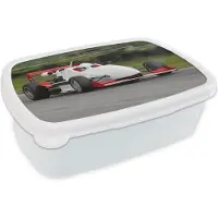 MuchoWow Broodtrommel Wit - Lunchbox - Brooddoos - Rood-witte raceauto - 18x12x6 cm - Volwassenen