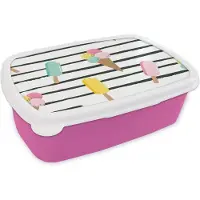 MuchoWow Broodtrommel Roze - Lunchbox - Brooddoos - Zomer - IJs - Pastel - Strepen - 18x12x6 cm - Kinderen - Meisje
