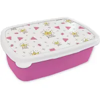 MuchoWow Broodtrommel Roze - Lunchbox - Brooddoos - Prinses - Patronen - Quote - Kroon - 18x12x6 cm - Kinderen - Meisje
