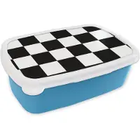 MuchoWow Broodtrommel Blauw - Lunchbox Schaakbord - Patronen - Zwart Wit - Brooddoos 18x12x6 cm - Brood lunch box - Broodtrommels voor kinderen en volwassenen