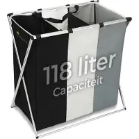 Happy Life Wasmand 3 Vakken – Wassorteerder 118 L – Opvouwbaar – Aluminium Frame – Zwart/Grijs/Wit