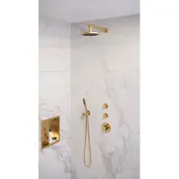 Brauer Gold Edition thermostatische inbouw regendouche SET 01 met 20 cm douchekop en rechte muurarm en staaf handdouche en doucheslang en wandaansluitbocht goud geborsteld PVD