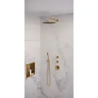 Brauer Gold Edition thermostatische inbouw regendouche SET 04 met 30 cm douchekop en gebogen muurarm en staaf handdouche en doucheslang en wandaansluitbocht goud geborsteld PVD
