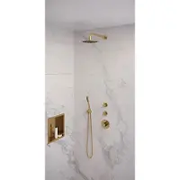 Brauer Gold Edition thermostatische inbouw regendouche SET 03 met 20 cm douchekop en gebogen muurarm en staaf handdouche en doucheslang en wandaansluitbocht goud geborsteld PVD
