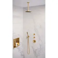 Brauer Gold Edition thermostatische inbouw regendouche SET 05 met 20 cm douchekop en plafondarm en staaf handdouche en doucheslang en wandaansluitbocht goud geborsteld PVD