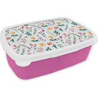 MuchoWow Broodtrommel Roze - Lunchbox - Brooddoos - Patronen - Bloemen - Bladeren - 18x12x6 cm - Kinderen - Meisje