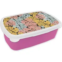MuchoWow Broodtrommel Roze - Lunchbox - Brooddoos - Monstera - Hawaii - Design - Pastel - 18x12x6 cm - Kinderen - Meisje