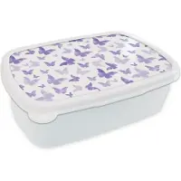 MuchoWow Broodtrommel Wit - Lunchbox - Brooddoos - Vlinder - Paars - Patronen - 18x12x6 cm - Volwassenen