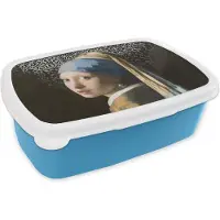 MuchoWow Broodtrommel Blauw - Lunchbox - Brooddoos - Meisje met de parel - Zwart - Wit - 18x12x6 cm - Kinderen - Jongen