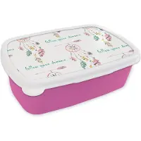 MuchoWow Broodtrommel Roze - Lunchbox - Brooddoos - Dromen - Dromenvanger - Veren - Patronen - Regenboog - 18x12x6 cm - Kinderen - Meisje