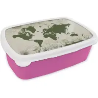 MuchoWow Broodtrommel Roze - Lunchbox - Brooddoos - Wereldkaart - Bloemen - Groen - 18x12x6 cm - Kinderen - Meisje