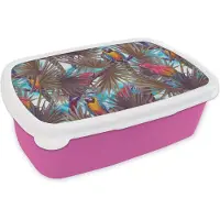 MuchoWow Broodtrommel Roze - Lunchbox - Brooddoos - Vintage - Papegaai - Regenboog - Jungle - 18x12x6 cm - Kinderen - Meisje